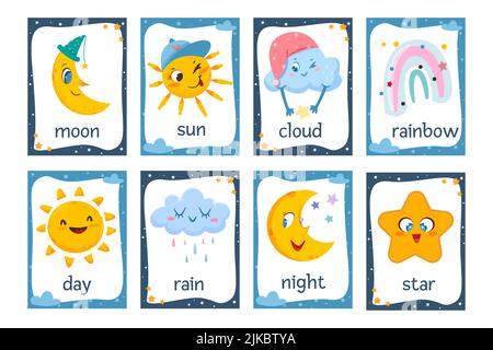 Carte meteo flash set. Collezione di flashcard stampabile con sole carino, luna, arcobaleno colorato, nube divertente e stella felice per gli anni prescolare e bambini kindergarten illustrazione vettoriale piatta. Illustrazione Vettoriale