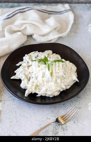 Antipasto di yogurt fresco. Tzatziki asciutto su sfondo di pietra. Cacik a base di menta, insalata e yogurt. Pasti sani. Nome locale kuru cacik .Close up Foto Stock