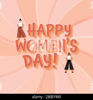 3D Layered Happy Women's Day Font con le giovani ragazze in piedi su Peach Swirl raggi sfondo. Illustrazione Vettoriale