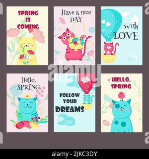 Set vettoriale di carte primavera con gatti carini e citazioni ispiratrici. Gattini felici che volano su ballon ad aria calda, tenendo un cesto pieno di fiori, con b Illustrazione Vettoriale