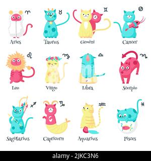 Cute gatto segni zodiacali, illustrazione vettoriale isolato su sfondo bianco. Dodici gatti divertenti segni astrologici Ariete Toro Gemini cancro Leone Vergine lib Illustrazione Vettoriale