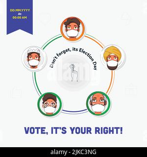 Non dimenticare che è elezione giorno voto per i tuoi diritti con religione diversi uomini indossare maschera in forma circolare. Illustrazione Vettoriale