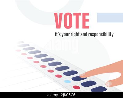 Vota, è il tuo diritto e responsabilità testo con Index Finger premere il pulsante su sfondo bianco. Illustrazione Vettoriale