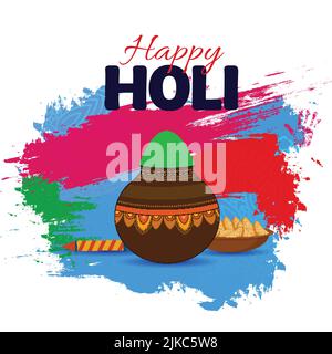 Happy Holi Celebration Concept with Mud Pot Full of Powder (Gulal), Pichkari, Indian Sweet (Gujia) Bowl and Brush Effect on White background. Illustrazione Vettoriale