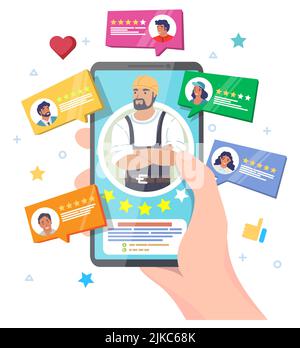 Vettore di classificazione dei servizi diversi. Feedback del cliente e illustrazione della valutazione delle opinioni. Smartphone con tenuta di mano umana con report di sondaggio sull'operatore o Illustrazione Vettoriale