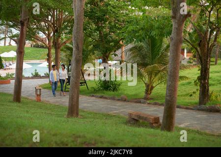 Amorevole coppia asiatica in casualwear chiacchierando animatamente con l'altro mentre godendo passeggiata lungo il vicolo di resort esotico Foto Stock
