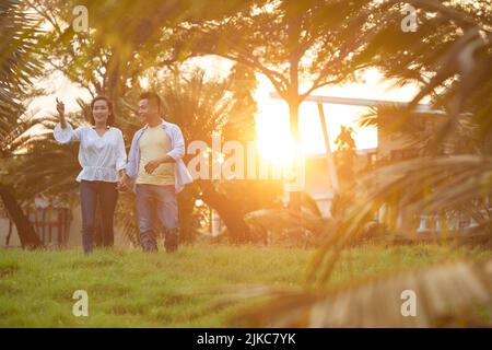 Affettuosa coppia asiatica che tiene le mani mentre cammina al verde parco pubblico illuminato con il sole che tramonta, bella donna che punta a qualcosa con indice dito, lente svasata Foto Stock