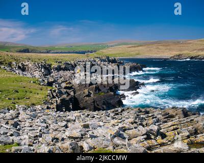 Rocce costiere stratificate a East Ham sull'isola di Mousa, Shetland, Regno Unito. Formazione di Bressay flagstone. Arenaria e rocce argillacee, intrecciate. Foto Stock