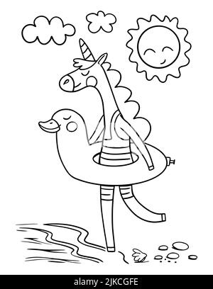 Cartoon unicorno coloring page per bambini e adulti. Illustrazione del mare del contorno. Foto Stock