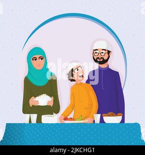 Illustrazione vettoriale della Famiglia Islamica con cibi prelibati, frutta a tavola e spazio copia per il concetto di Festival Islamico. Illustrazione Vettoriale