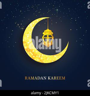 Golden Ramadan Kareem testo con effetto bokeh giallo Crescent Moon, Una lanterna Hang su sfondo blu luci effetto. Illustrazione Vettoriale