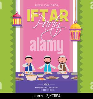 Ramadan Kareem Iftar Party progetto di invito con illustrazione di uomini musulmani gustando cibo delizioso. Illustrazione Vettoriale