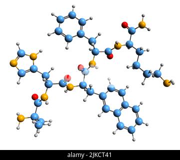 3D immagine della formula scheletrica dell'ipamorelina - struttura chimica molecolare dell'agonista del recettore dell'ormone della crescita della grelina isolato sul dorso bianco Foto Stock