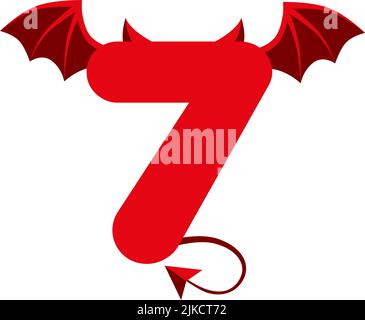 Diavolo rosso 7 numero con ali per i giochi ui.. Spaventoso fumetto scuro demone sette. Illustrazione Vettoriale