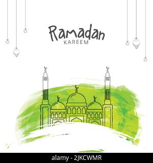 Line Moschea in stile Art con tratti astratti di pennello su stelle appese e lampade sfondo decorato per il mese Sacro Islamico, Ramadan Kareem celebrazione. Illustrazione Vettoriale