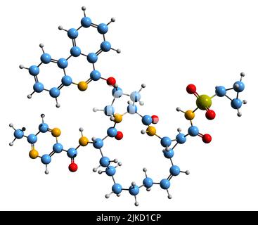 3D immagine di formula scheletrica di Paritaprevir - struttura chimica molecolare di Veruprevir isolato su sfondo bianco Foto Stock