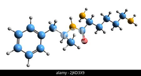 3D immagine della formula scheletrica di Lisdesamfetamina - struttura chimica molecolare del farmaco stimolante L-lisina-d-anfetamina isolata su backgro bianco Foto Stock