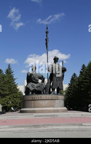 Zhanibek e Kerei Monumento di fronte al Museo del primo presidente della Repubblica del Kazakistan ad Astana (Nur-Sultan), Kazakistan Foto Stock