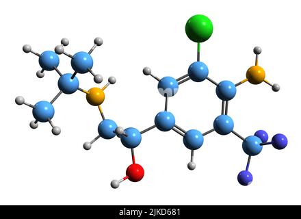 3D immagine di mabuterolo formula scheletrica - struttura chimica molecolare di Beta2-agonisti adrenergici isolati su sfondo bianco Foto Stock