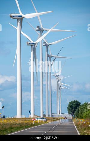 Wind farm sul Nordzeeweg, su un lungo spit di terra tra il Maas e il Calandkanaal nel porto di Europoort di Rotterdam, Paesi Bassi Foto Stock