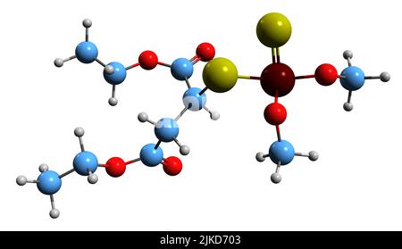3D immagine di formula scheletrica malatione - struttura chimica molecolare di insetticida organofosfato isolato su sfondo bianco Foto Stock