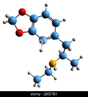 3D immagine della formula scheletrica MDEA - struttura chimica molecolare del farmaco psicoattivo empatogeno isolato su sfondo bianco Foto Stock