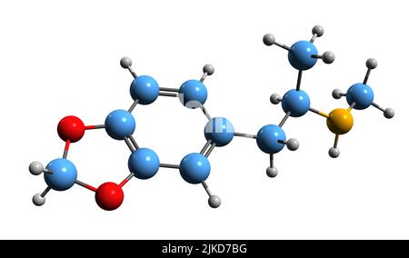 3D immagine della formula scheletrica MDMA - struttura chimica molecolare della 3 4-metilendiossi-metamfetamina isolata su sfondo bianco Foto Stock