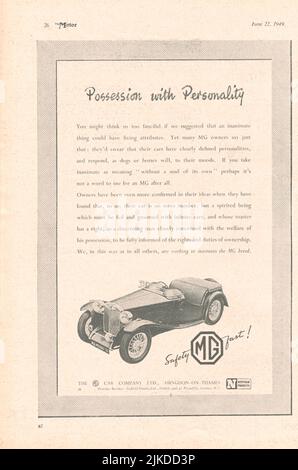 MG auto vecchia vintage pubblicità da una rivista di auto del Regno Unito Foto Stock