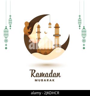 Concetto di Mubarak Ramadan con Luna Crescent, Moschea, lampade di sospensione e Silhouette Islamic Boy che prega su sfondo bianco. Illustrazione Vettoriale