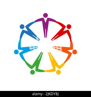 Le persone multicolore si uniscono in cerchio, tenendo le mani. Illustrazione vettoriale piatta isolata su sfondo bianco. Illustrazione Vettoriale