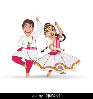 Coppia indiana che esegue Kathak in tradizionale Attire contro sfondo bianco. Illustrazione Vettoriale