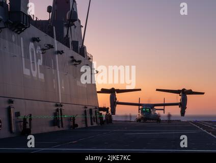 PACIFIC OCEAN (23 luglio 2022) la manutenzione di routine è condotta sul corpo della Marina degli Stati Uniti MV-22B Osprey a bordo del Royal Australian Navy Canberra-Class atterraggio elicottero dock HMAS Canberra (L02) durante Rim of the Pacific (RIMPAC) 2022. Ventisei nazioni, 38 navi, tre sommergibili, più di 170 aerei e 25.000 persone partecipano a RIMPAC dal 29 giugno al 4 agosto nelle Isole Hawaii e nella California meridionale. Il più grande esercizio marittimo internazionale del mondo, RIMPAC offre un'opportunità di formazione unica, promuovendo e sostenendo le relazioni di cooperazione tra participate Foto Stock