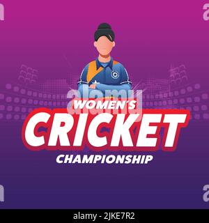 Sticker Style Female Cricket Championship Font con India Female Cricketer Player su sfondo rosa e viola halftone. Illustrazione Vettoriale