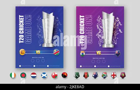 Modello o Flyer T20 Cricket Match con Flag Shield dei Paesi partecipanti, Trofeo vincitore d'argento 3D in Opzioni colore blu e viola. Illustrazione Vettoriale