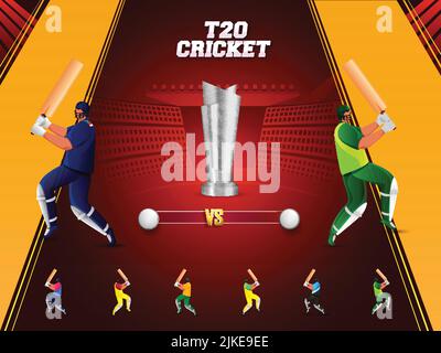 T20 Cricket Match tra India vs Pakistan battitore con 3D Silver Winning Trophy, giocatori di altri paesi su Orange e Red Stadium View. Illustrazione Vettoriale