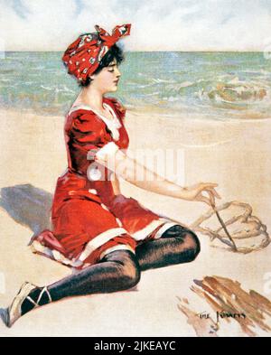 1910S DONNA SEDUTA SULLA SPIAGGIA DISEGNO DOPPIO CUORE IN SABBIA INDOSSARE ALLA MODA ROSSO BAGNO ILLUSTRAZIONE COSTUME DA BAGNO DA PARTE DEL KINNEYS - KR132314 NAW001 HARS DOUBLE JOY LIFESTYLE OCEAN FEMMINE COPIA SPAZIO FULL-LENGTH SIGNORE PERSONE CURA BRUNETTE TEMPO FUORI TERRA SOGNI IN ALTO ANGOLATURA STILI CUORI VIAGGIO FUGA SOGNARE RICREAZIONE SPERANZA ATTESA SPIAGGE VACANZE CONCETTUALE SABBIOSA ELEGANTE WISHFUL COSTUME DA BAGNO AFFETTO PERSONALE ATTACCAMENTO EMOTION FASHIONS KINNEYS COSTUME DA BAGNO VACANZE GIOVANE ADULTA DONNA CAUCASICA ETNIA VECCHIO STILE Foto Stock