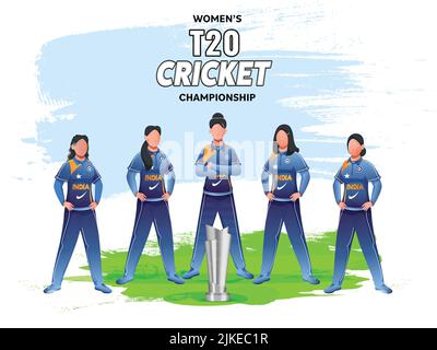 T20 Women's Cricket Championship Concept with India Female Cricketer Team e 3D Silver Winning Trophy Cup and Brush Effect on White background. Illustrazione Vettoriale