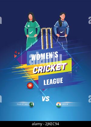 Women's Cricket League Flyer Design con i paesi partecipanti giocatore di Pakistan vs India su sfondo blu effetto mezzitono. Illustrazione Vettoriale