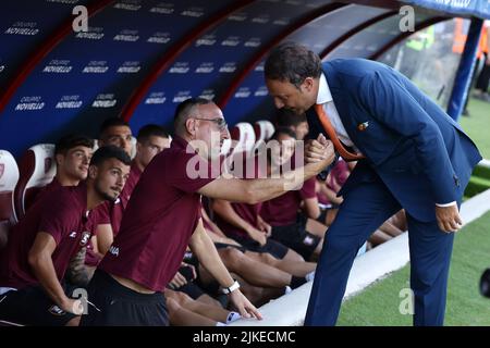 Foto Alessandro Garofalo/LaPresse30 Luglio 2022 Salerno, Italia - US Salernitana vs Adana Demirspor - amichevole gestive prima trofeo Angelo Iervolino. Stadio Arechi. Nella foto: Franck Ribery (US Salernitana 1919); Danilo Iervolino Presidente (US Salernitana 1919); 30 luglio 2022 Salerno, Italia - US Salernitana vs Adana Demirspor, calcio sportivo, partita estiva amichevole primo trofeo Angelo Iervolino stadio Arechi. Nella foto: Franck Ribery (US Salernitana 1919); Danilo Iervolino Presidente di (US Salernitana 1919); Foto Stock