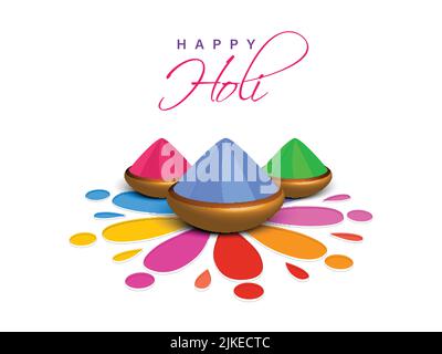 Festa indiana dei colori, Happy Holi Concept con brillanti colori a secco (gulal) e tradizionale design floreale (rangoli) su sfondo bianco. Illustrazione Vettoriale