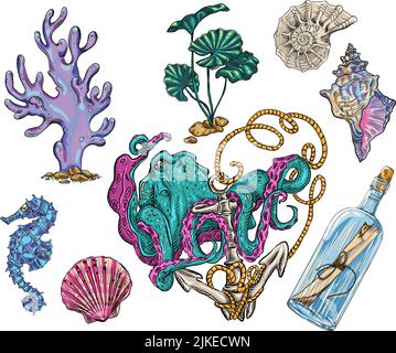 Polpi vintage disegnati a mano, ancore affondate, conchiglie, alghe e cavallucci marini. Attributi fondali marini Illustrazione Vettoriale