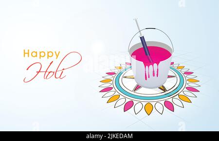 Festa indiana dei colori, Happy Holi concetto con acquerelli in basket, colorguns (pichakri), design floreale tradizionale (rangoli) e spazio di testo fo Illustrazione Vettoriale