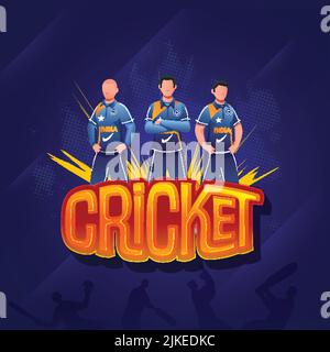 Carattere di cricket stile adesivo con giocatori di cricket India senza volto su sfondo blu effetto mezzitoni. Illustrazione Vettoriale