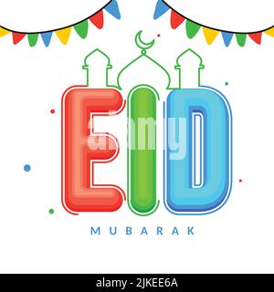 Carattere colorato ed elegante di Eid Mubarak con Moschea lineare, Bandiere Bunting decorate su sfondo bianco. Illustrazione Vettoriale