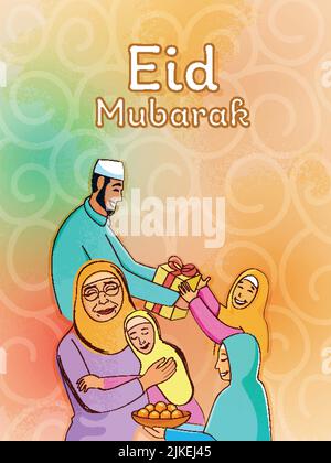 Happy Islamic People or Family Celebrating Eid Festival on Gradient Spiral Pattern background. Illustrazione Vettoriale