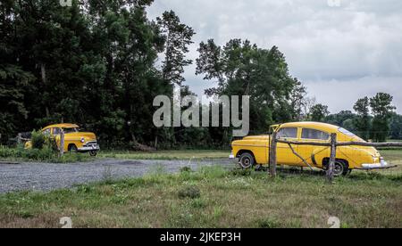 Un 49 Chevolet Deluxe 4 porte tagliate a metà, ciascuna su una pista che chiude un cancello. Foto Stock