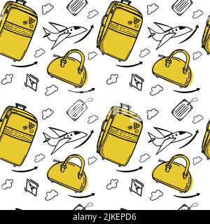 Modello senza giunture di diversi tipi di bagaglio, disegnato a mano in stile di schizzo. Illustrazione vettoriale. Valigia grande e bagaglio a mano, valise, tag. Airpla Illustrazione Vettoriale