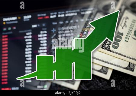 Grafico dell'economia: Freccia di crescita, dollari di cassa e indicatori del mercato azionario (inflazione, successo, finanza) Foto Stock