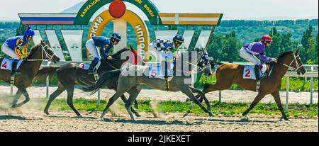 La gara di cavalli di partenza per il premio del Derby a Pyatigorsk, Caucaso settentrionale. Foto Stock