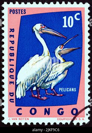 REPUBBLICA DEMOCRATICA DEL CONGO - CIRCA 1963: Un francobollo stampato in Congo mostra grandi pellicani bianchi (Pelecanus onocrotalus), circa 1963. Foto Stock